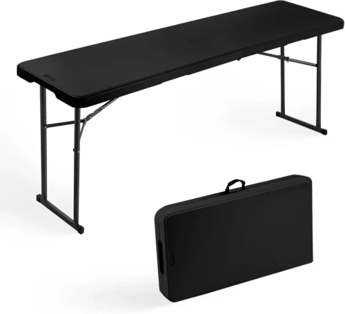 Folding Table 6FT Narrow Portable Foldable Plastic Heavy Duty Long Table, Fold-in-Half with Carrying Handle for