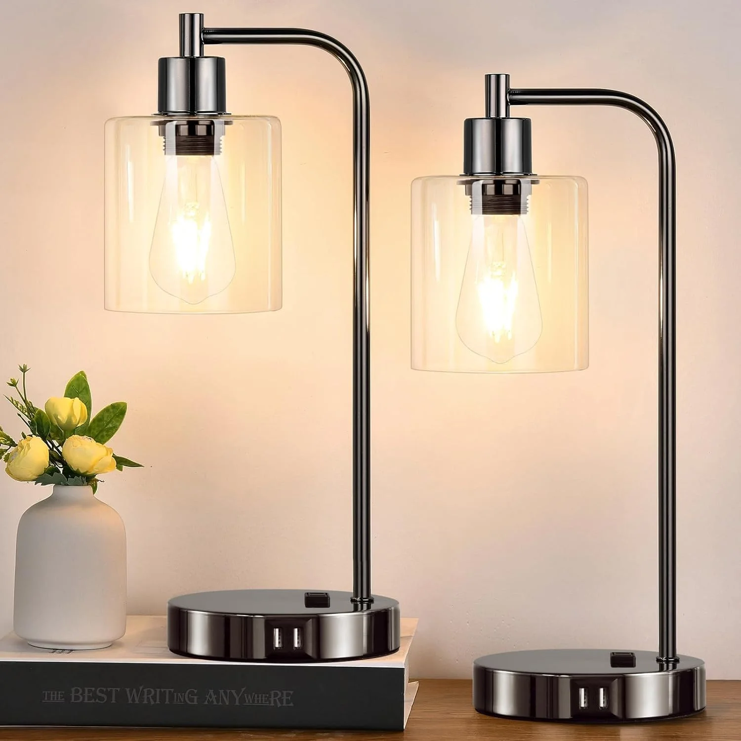 Industrial Touch Control Table Lamps with USB C+A Ports and AC Outlet, Dimmable, Bulb Included, 2-Piece Set - Image 6