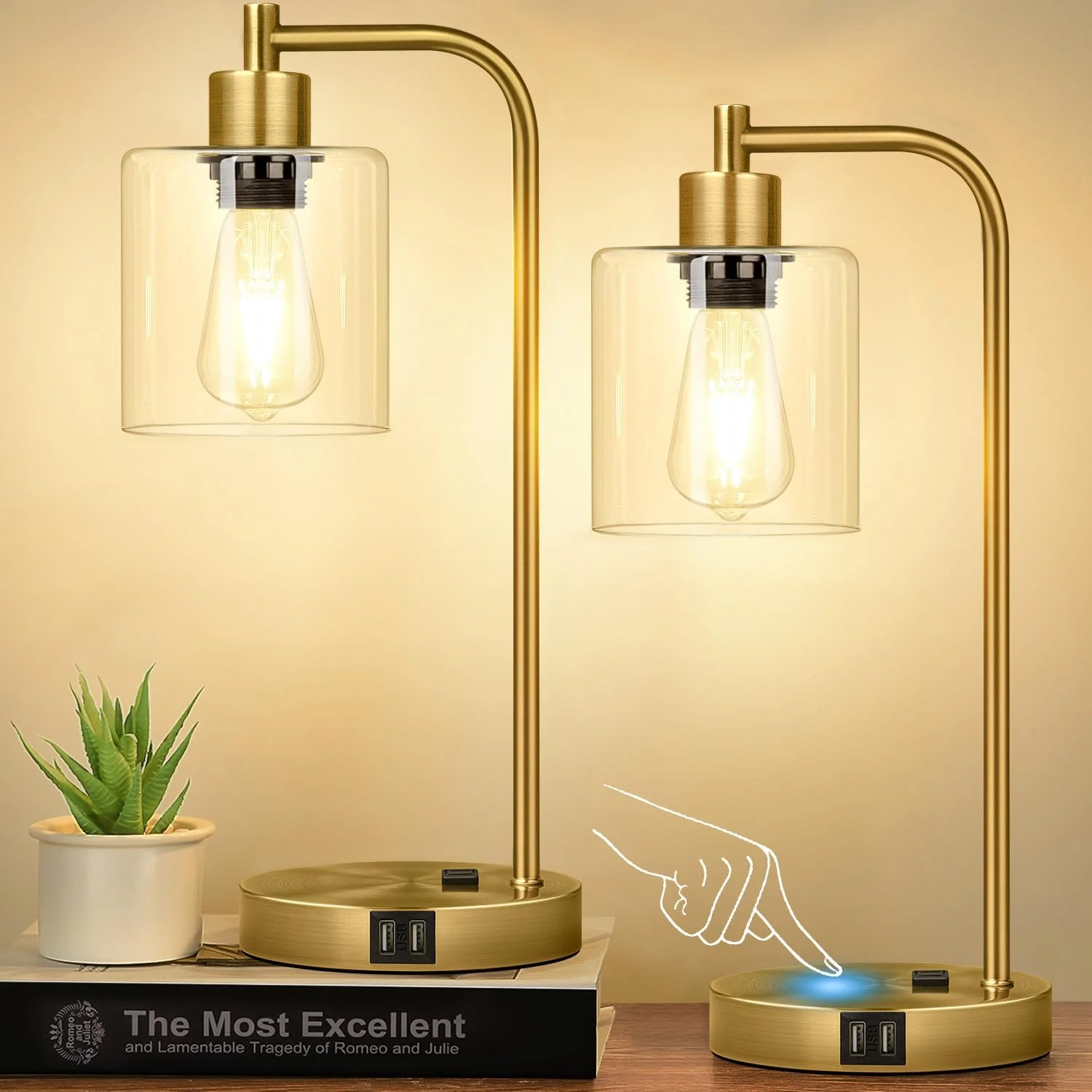 Industrial Touch Control Table Lamps with USB C+A Ports and AC Outlet, Dimmable, Bulb Included, 2-Piece Set - Image 7