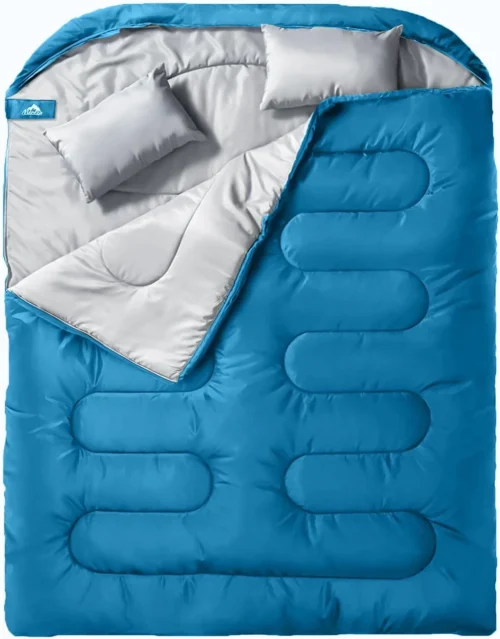 Double Sleeping Bag for Adults Mens with Pillow, XL Queen Size Two Person Sleeping Bag for All Season Camping