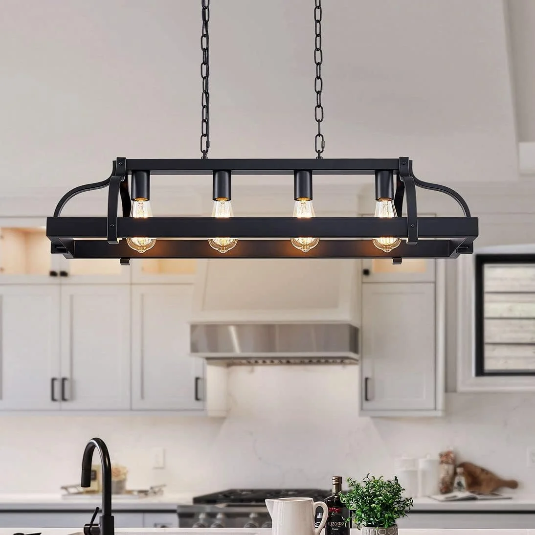 5-Light Metal Chandelier Imitation Wood Grain Linear Pendant Ceiling Lighting Rustic Farmhouse Fixture Kitchen - Image 7