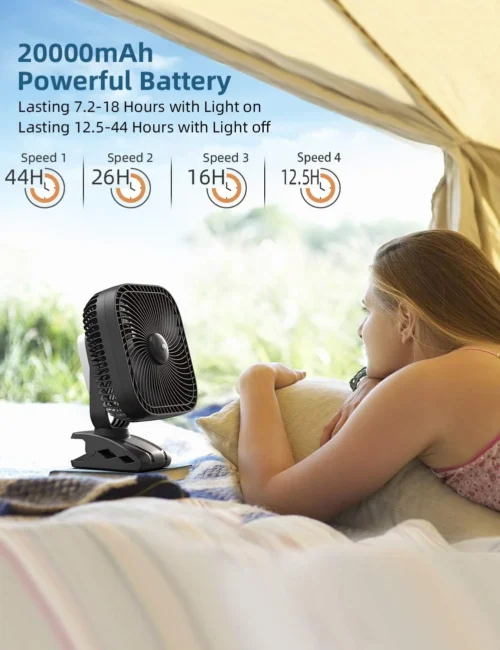 Alternative view of 20000mAh Rechargeable Portable Clip-on Fan, Battery Operated, Last 78 Hrs, 4 Speeds with Light & Hook