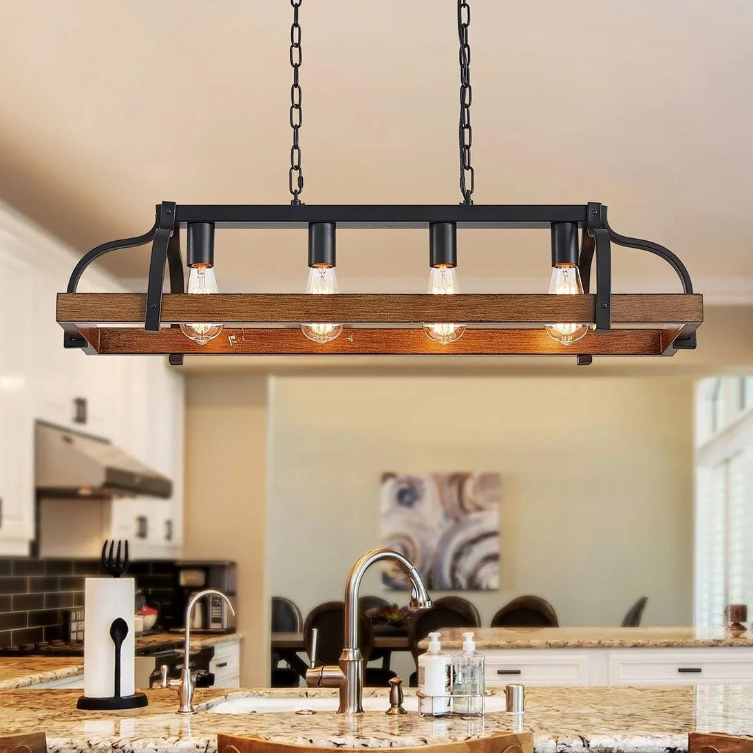 5-Light Metal Chandelier Imitation Wood Grain Linear Pendant Ceiling Lighting Rustic Farmhouse Fixture Kitchen - Image 11