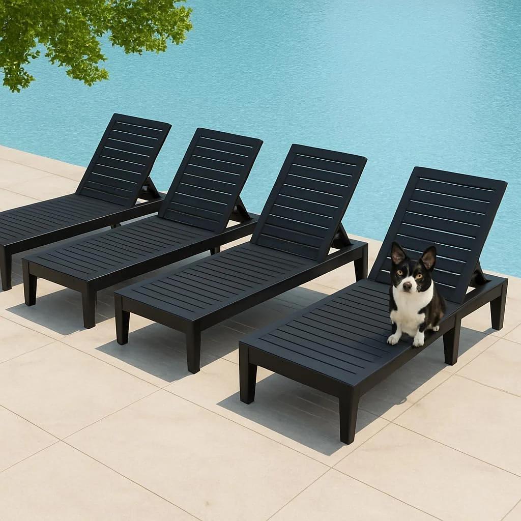 Outdoor Lounge Chairs Set of 2, 5-Position Adjustable Tanning Chairs with Wood Grain