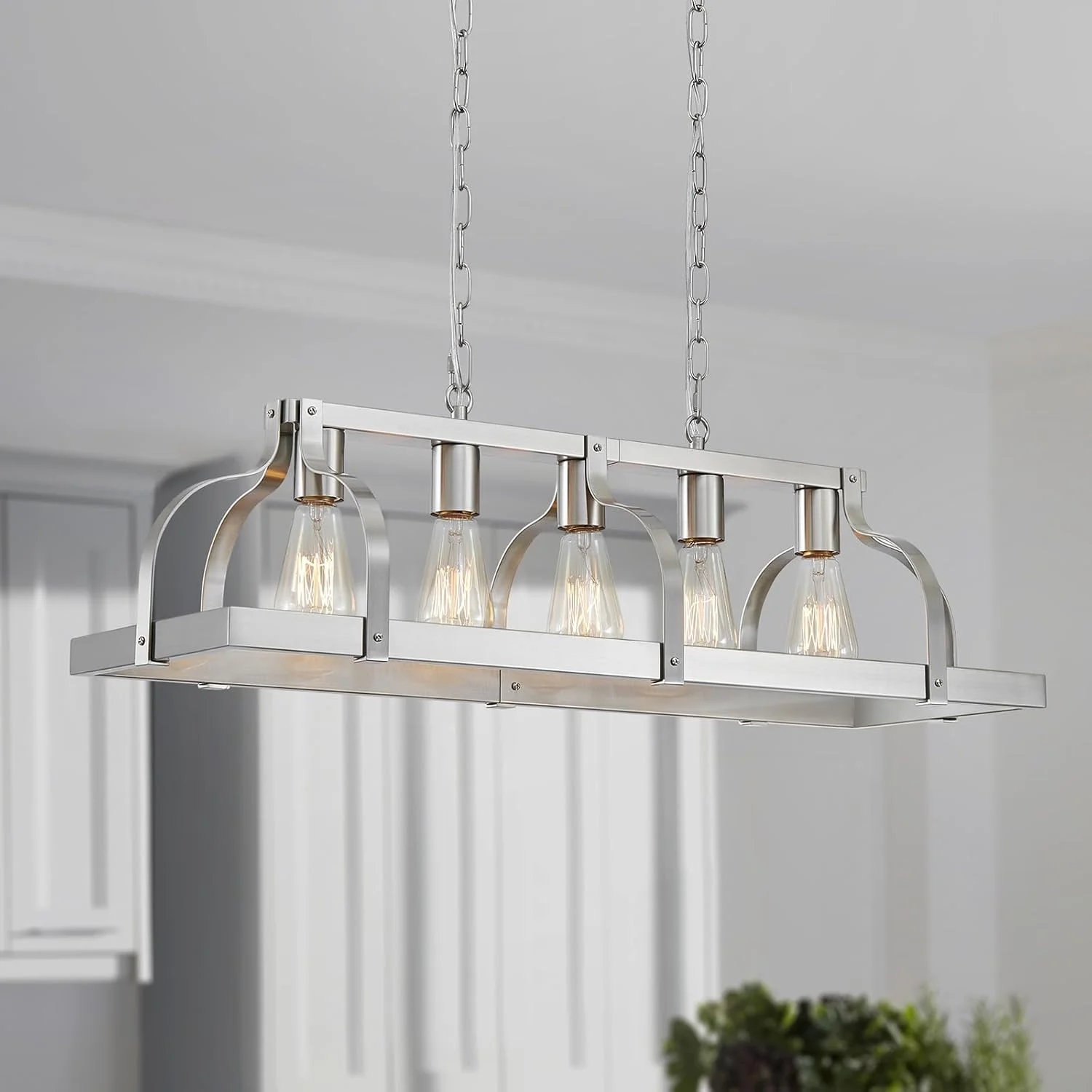 5-Light Metal Chandelier Imitation Wood Grain Linear Pendant Ceiling Lighting Rustic Farmhouse Fixture Kitchen - Image 3