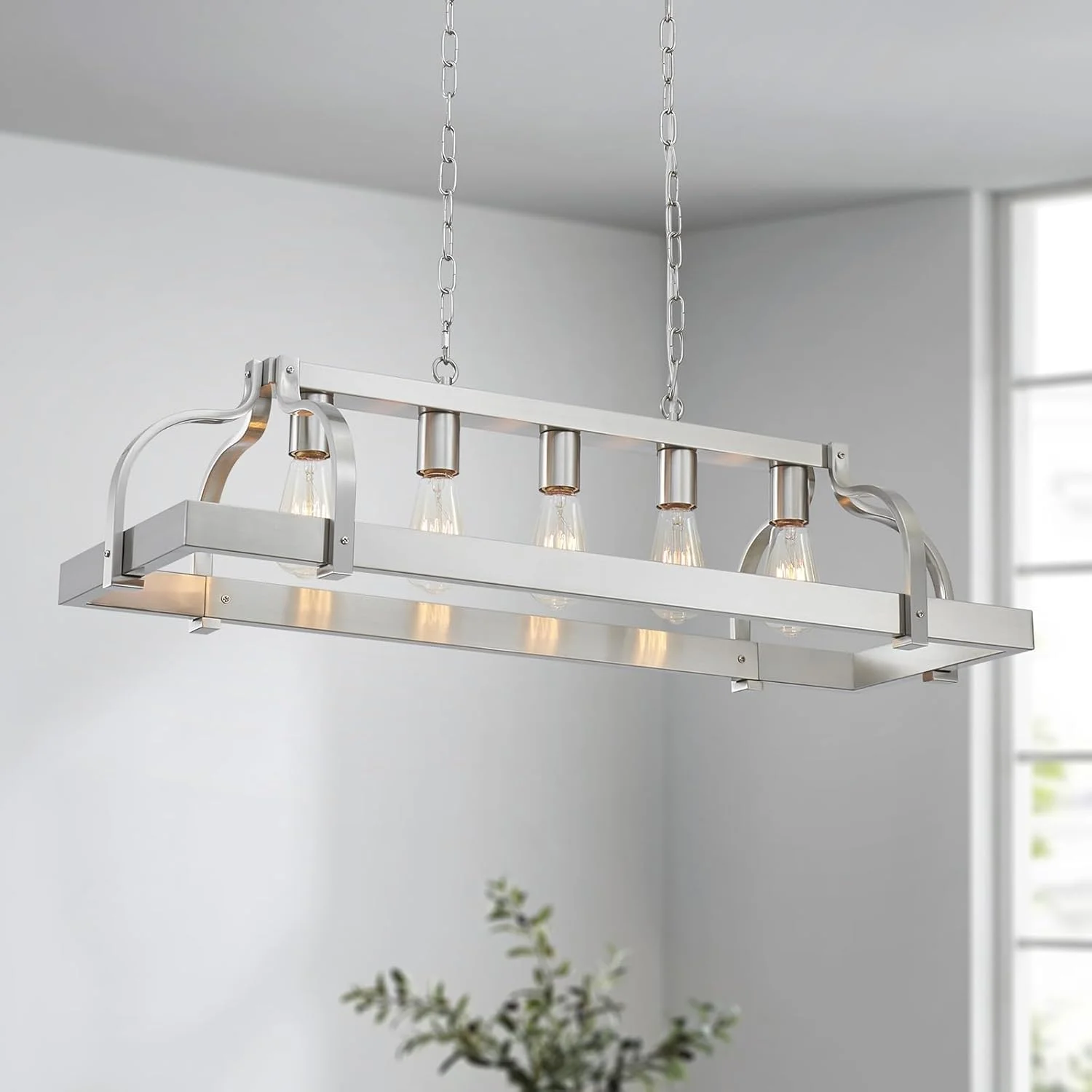 5-Light Metal Chandelier Imitation Wood Grain Linear Pendant Ceiling Lighting Rustic Farmhouse Fixture Kitchen - Image 12