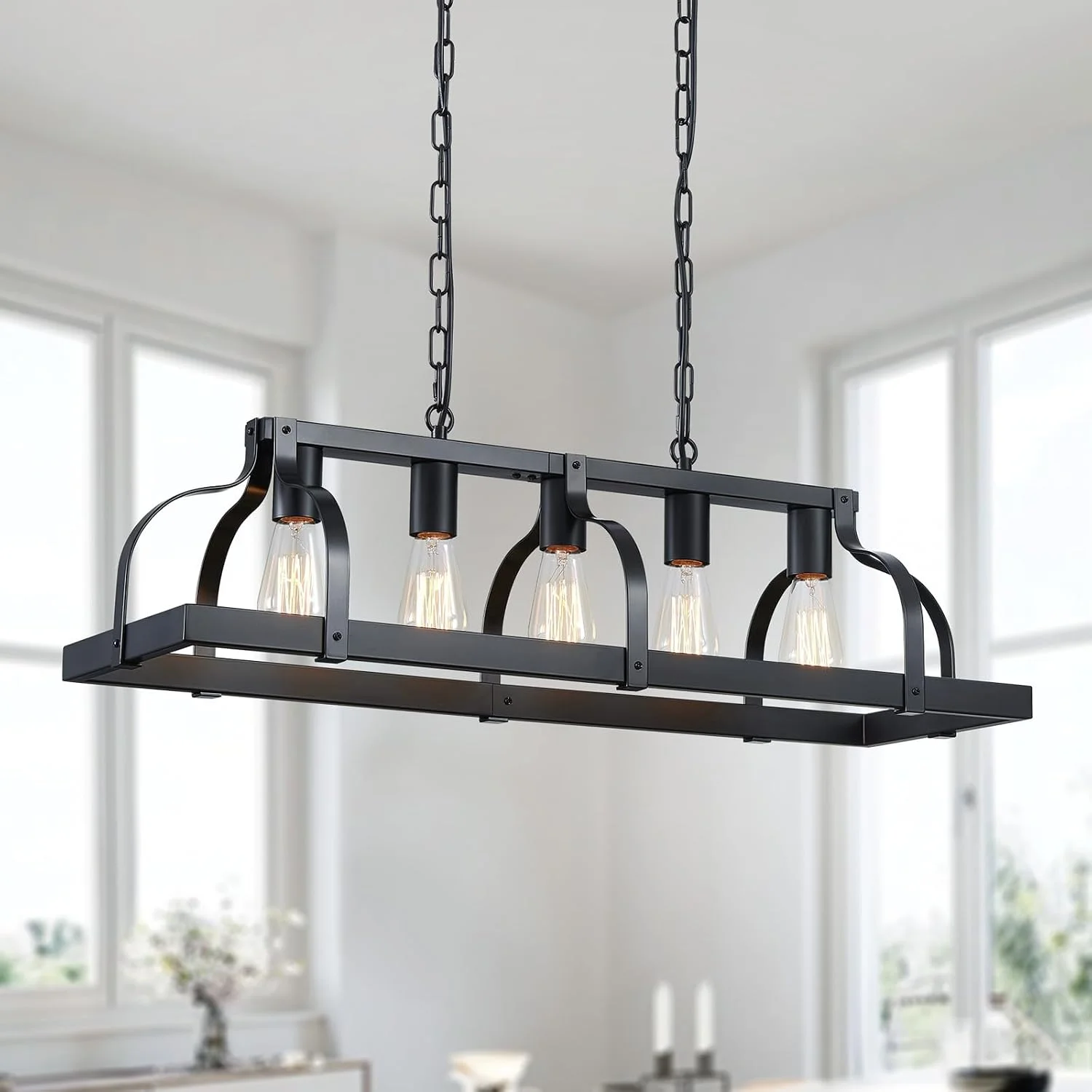 5-Light Metal Chandelier Imitation Wood Grain Linear Pendant Ceiling Lighting Rustic Farmhouse Fixture Kitchen - Image 8