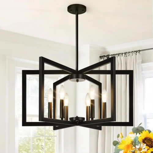 Height Adjustable Modern Matte Black Chandelier for Dining Room