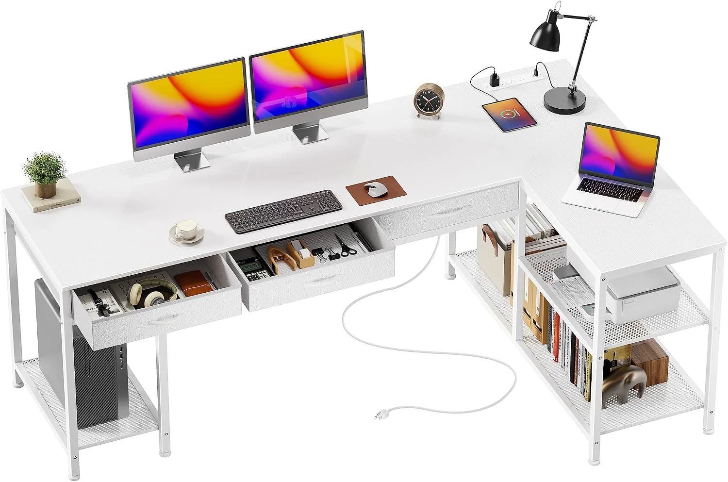 55 Inch L Shaped Office Desk with Power Outlets and Type-C Port, Large Computer Gaming Desk with 3 Fabric - Image 2