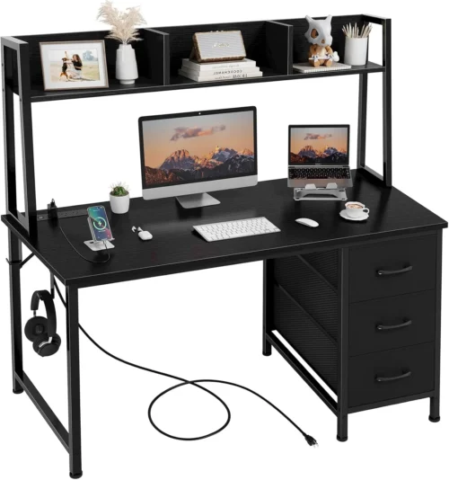 Alternative view of White Computer Desk with Hutch & Drawers, 47 Inch Modern Study Writing Office Desk with 3 Storage Drawers and