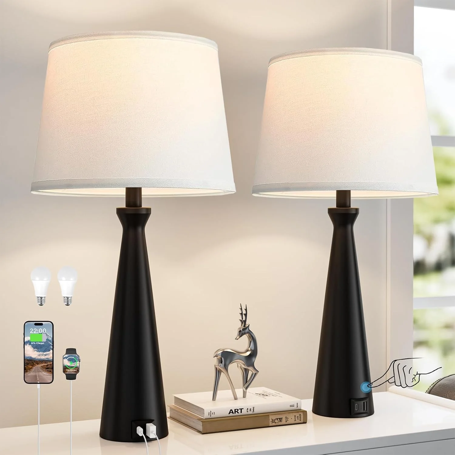 Modern Table Lamp Set of 2, Dimmable, Bulb Included - Image 4