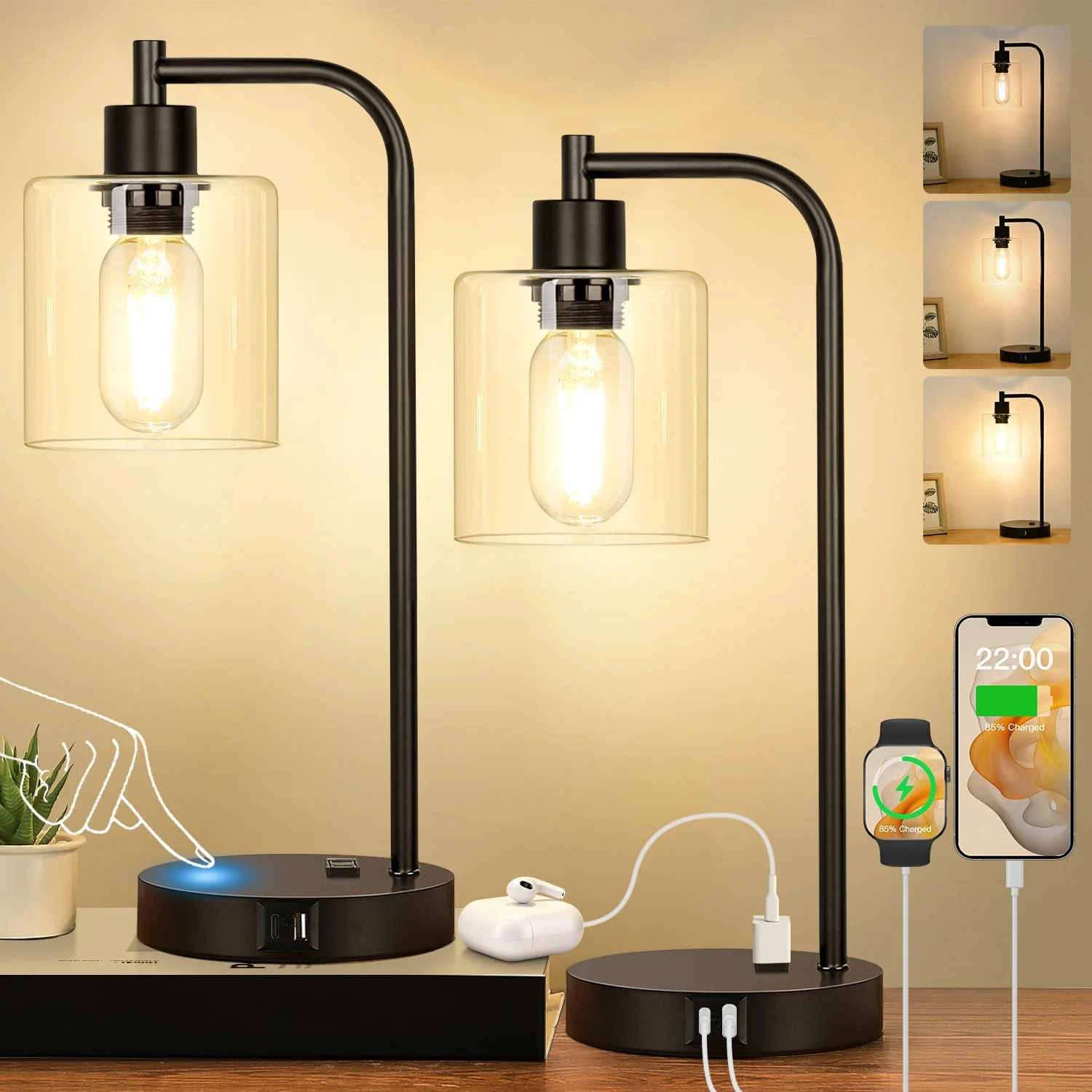 Industrial Touch Control Table Lamps with USB C+A Ports and AC Outlet, Dimmable, Bulb Included, 2-Piece Set - Image 8