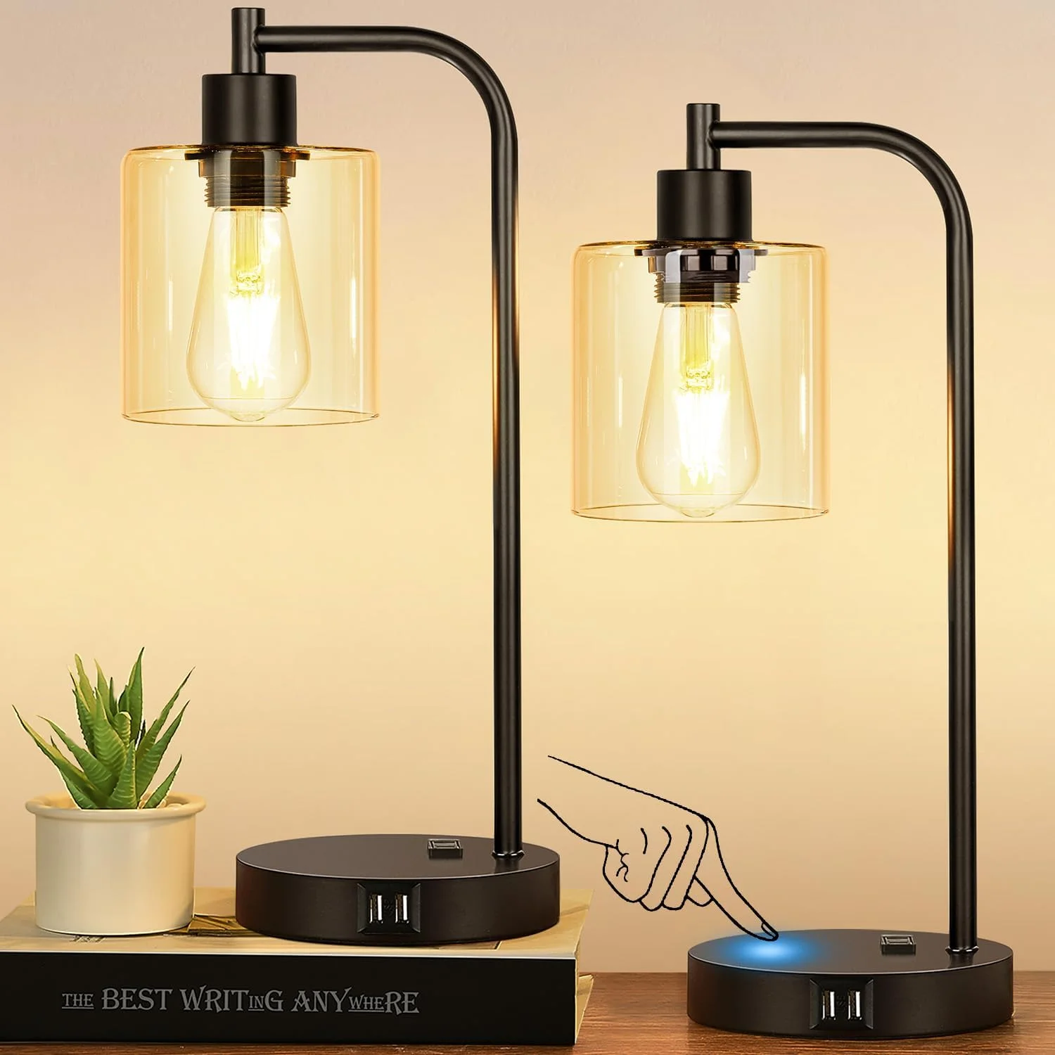Industrial Touch Control Table Lamps with USB C+A Ports and AC Outlet, Dimmable, Bulb Included, 2-Piece Set