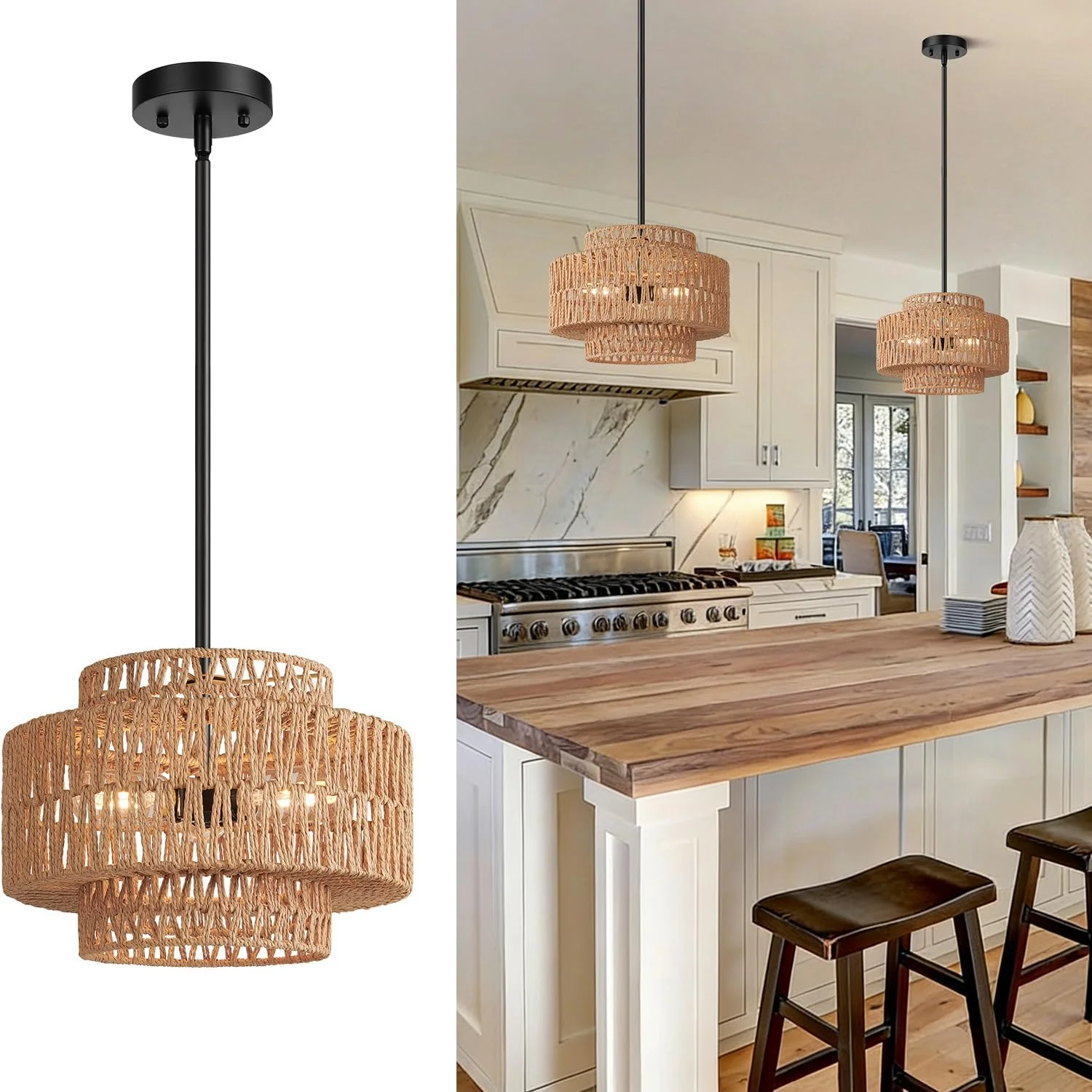 Height Adjustable Farmhouse Chandelier Light Fixture, 5-Light Rattan Boho Chandeliers for Dining Room - Image 4