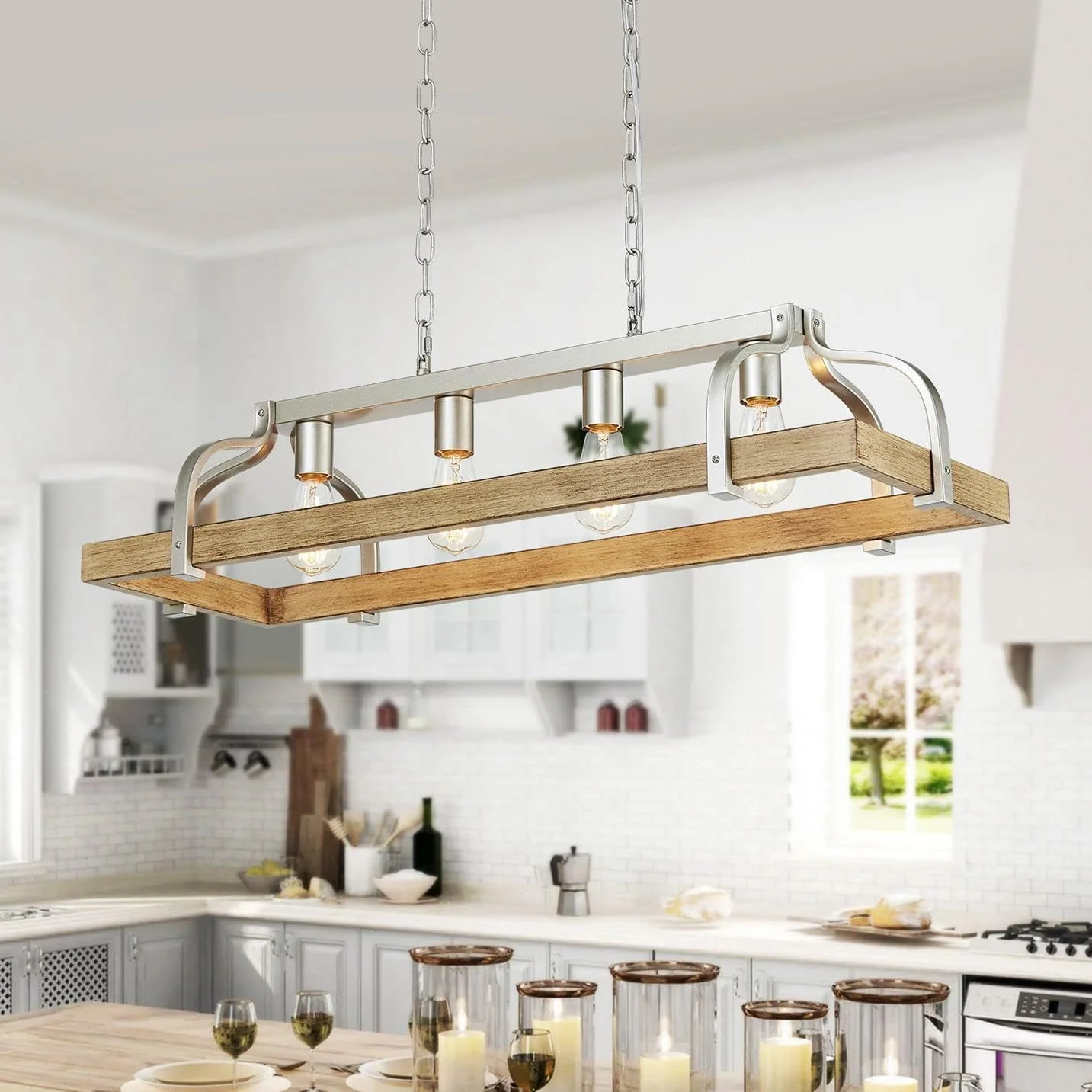 5-Light Metal Chandelier Imitation Wood Grain Linear Pendant Ceiling Lighting Rustic Farmhouse Fixture Kitchen - Image 2