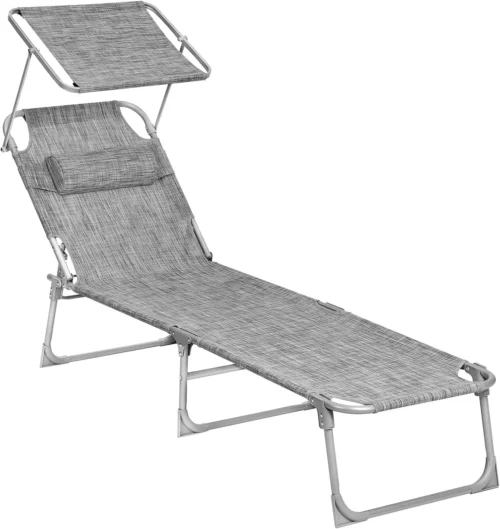 Sun Lounger, Folding Patio Chaise Lounge Chair with Canopy, 76 x 20.9 x 11.4 Inches, Holds 330 lb, UGCB19UV1