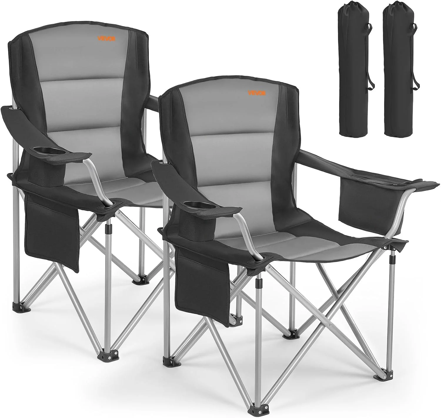 Oversized Camping Folding Chair, Portable Heavy Duty Outdoor Quad Lumbar Back Padded with Side Pockets, 2 Pack