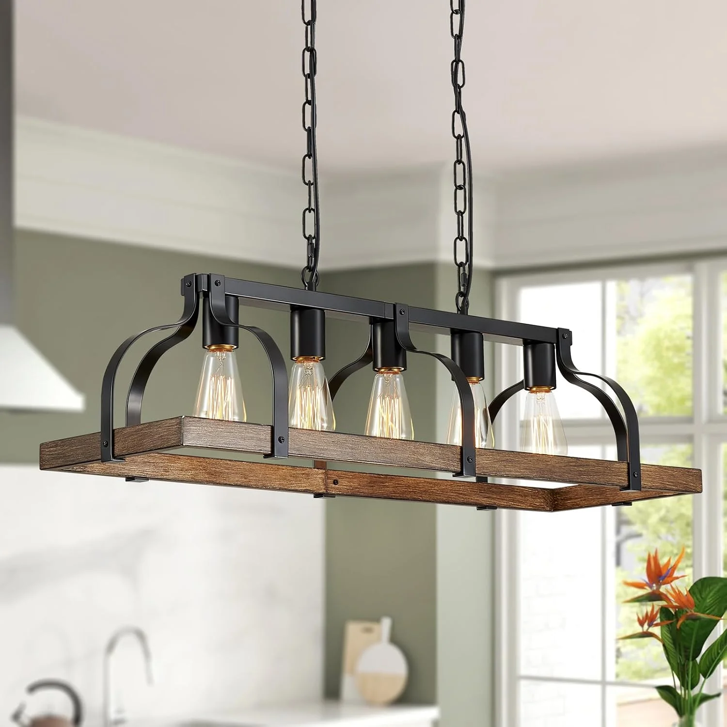 5-Light Metal Chandelier Imitation Wood Grain Linear Pendant Ceiling Lighting Rustic Farmhouse Fixture Kitchen