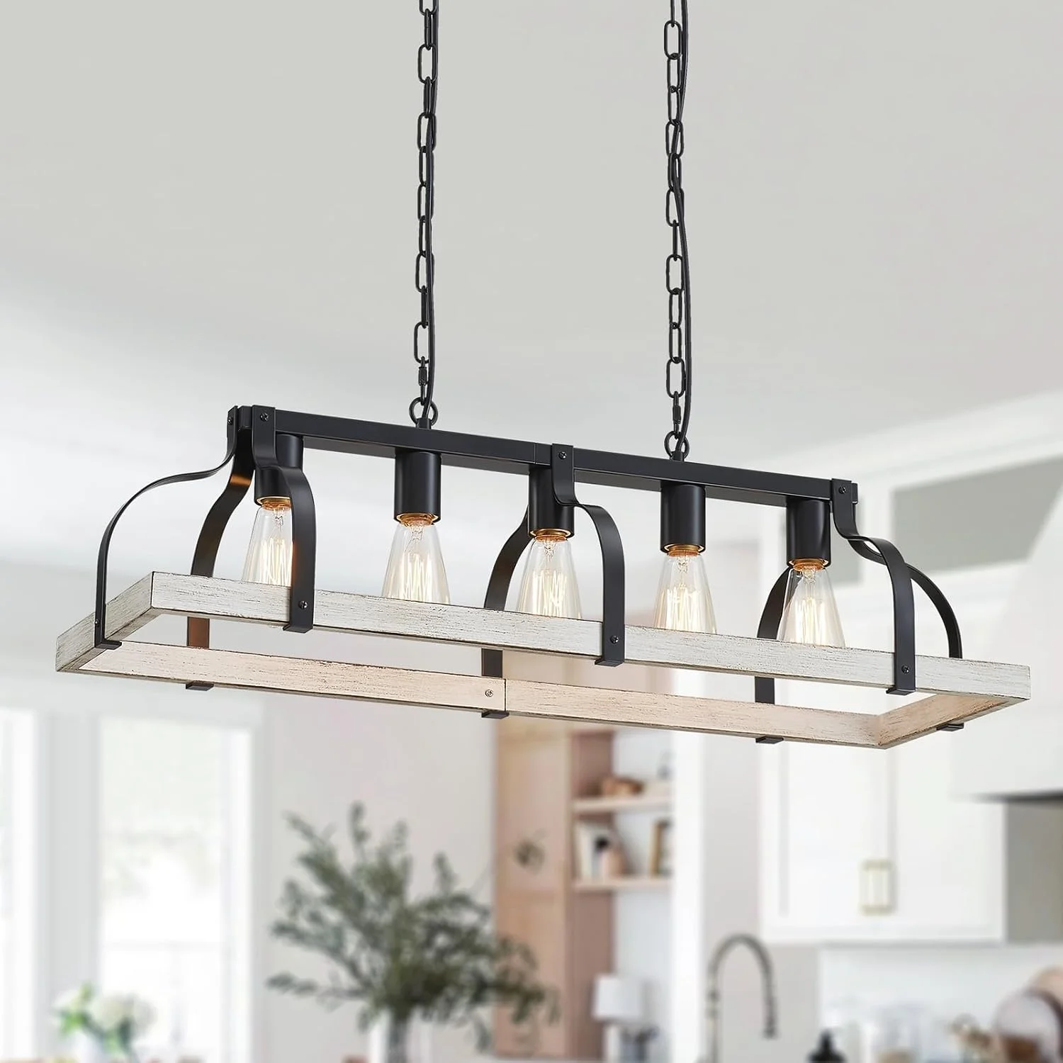 5-Light Metal Chandelier Imitation Wood Grain Linear Pendant Ceiling Lighting Rustic Farmhouse Fixture Kitchen - Image 10