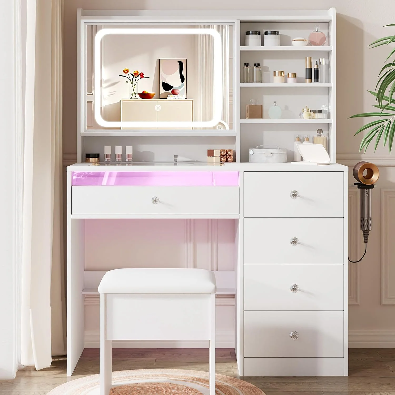 White Makeup Vanity Desk with Charging Station & 4 Drawers, Smart LED Mirror
