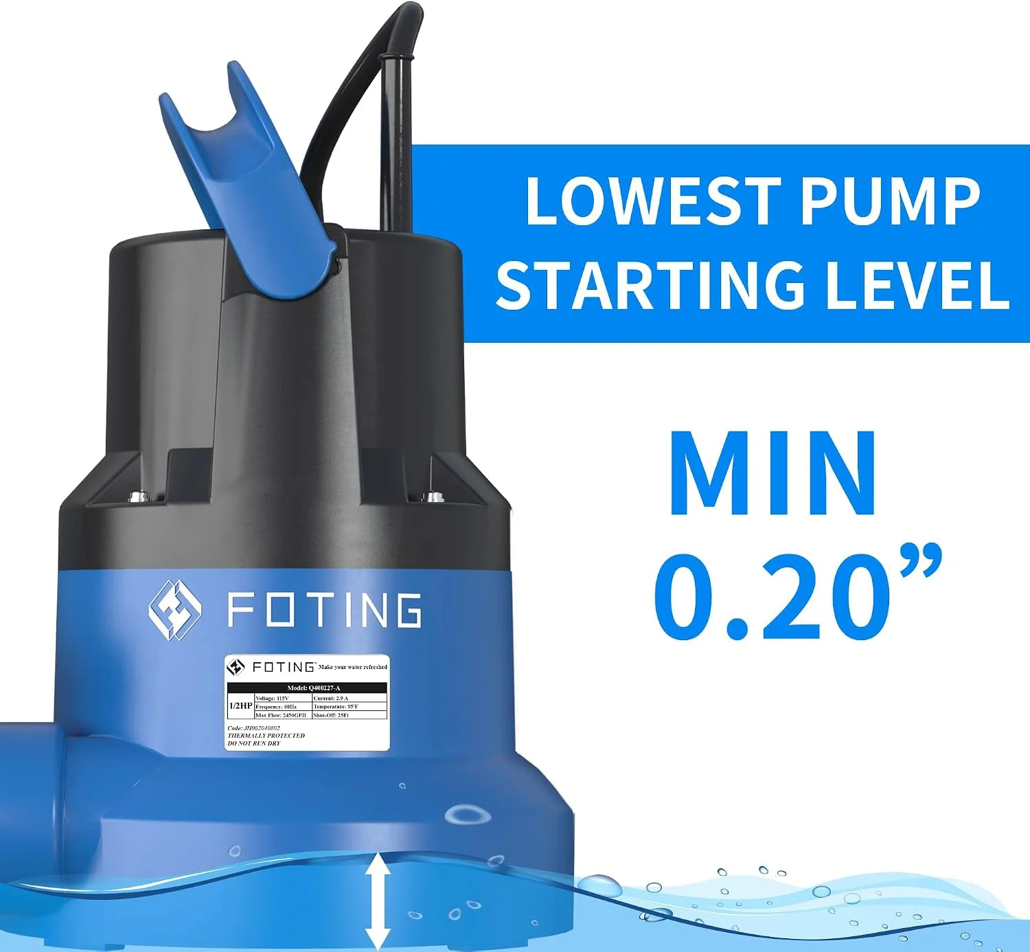 1/2HP Submersible Water Pump with Stainless Steel Base, Removes Water to 0.04 Depth, 2450GPH Portable Sump Pump - Image 9