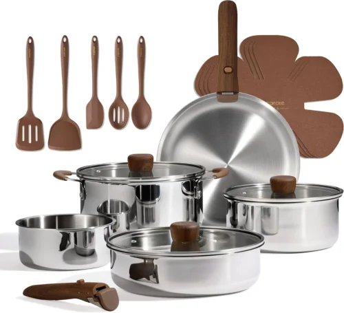 19pcs Stainless Steel Cookware Set with Detachable Handle, Pots and Pans Set