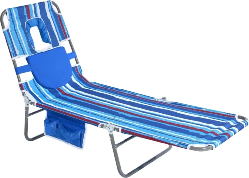 Beach Lounge Chair, Reclining Beach Chairs Lay Flat, Folding Camping Chairs Portable Camp Cot with Backpack