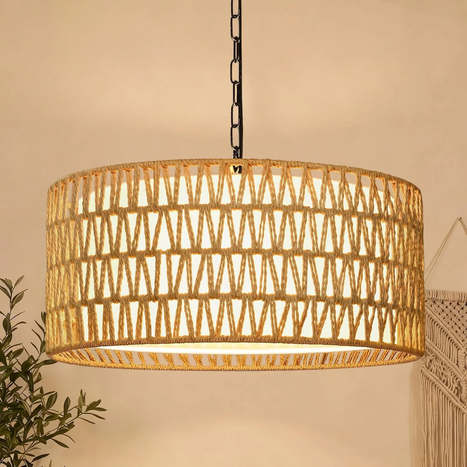 Height Adjustable Farmhouse Chandelier Light Fixture, 5-Light Rattan Boho Chandeliers for Dining Room - Image 5
