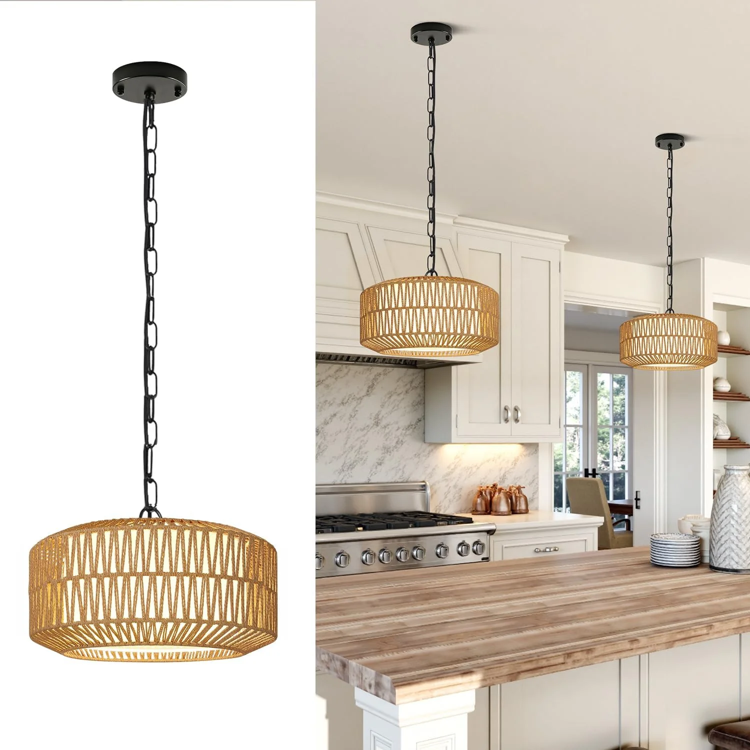 Height Adjustable Farmhouse Chandelier Light Fixture, 5-Light Rattan Boho Chandeliers for Dining Room - Image 7