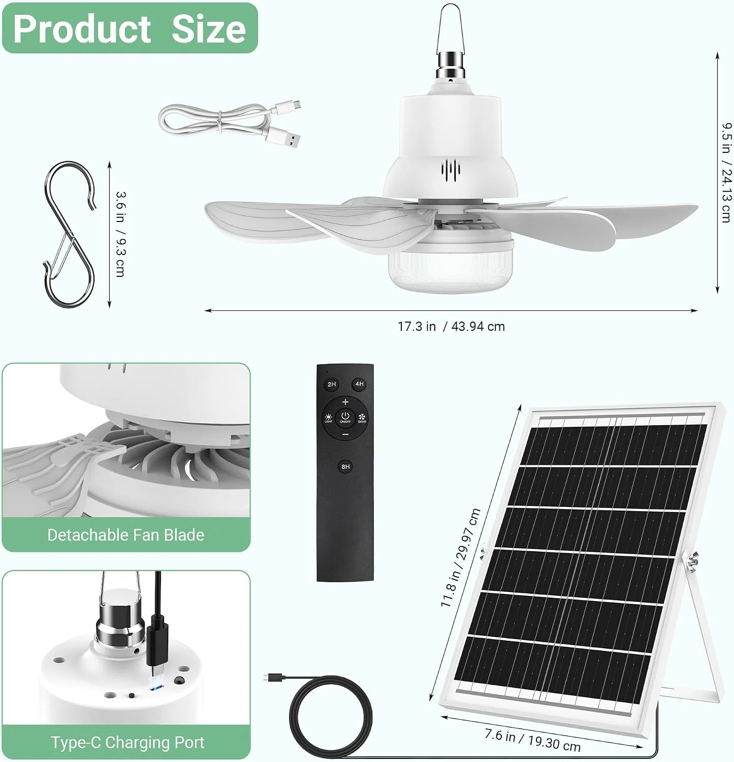 Fan for Gazebo with Light, 18000mAh Rechargeable Solar Powered Patio Ceiling Fan with Remote - Image 7