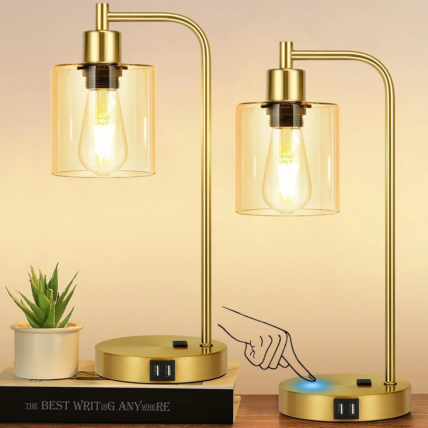 Industrial Touch Control Table Lamps with USB C+A Ports and AC Outlet, Dimmable, Bulb Included, 2-Piece Set - Image 9