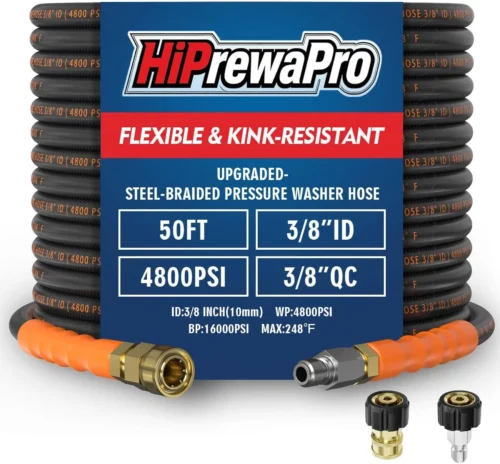 Alternative view of 3/8 ID Pressure Washer Hose 50 ft, 4800 PSI Steel-Braided & Durable, Power Washer Hose with Swivel Quick