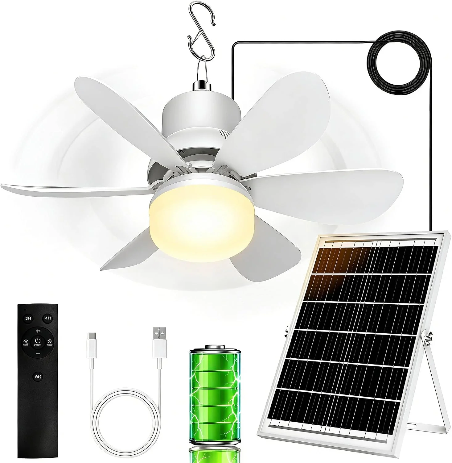 Fan for Gazebo with Light, 18000mAh Rechargeable Solar Powered Patio Ceiling Fan with Remote