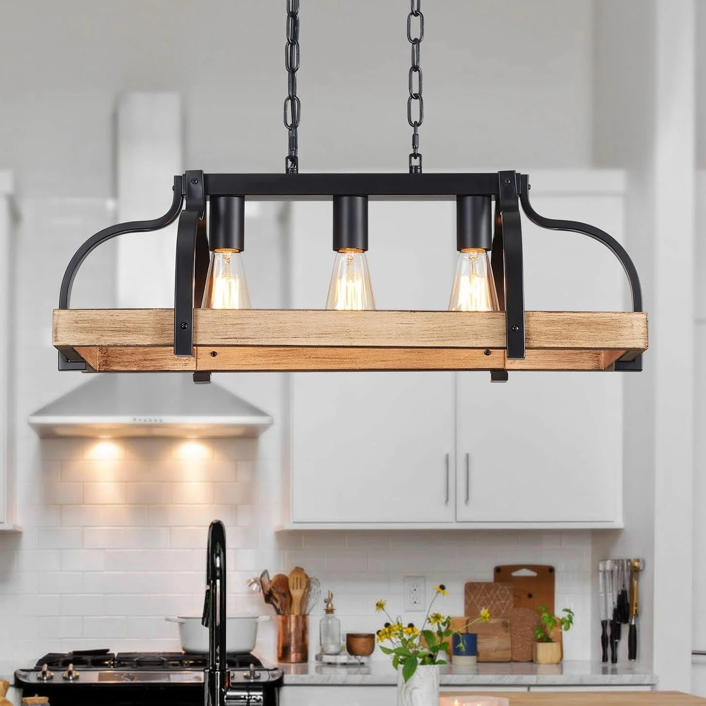 5-Light Metal Chandelier Imitation Wood Grain Linear Pendant Ceiling Lighting Rustic Farmhouse Fixture Kitchen - Image 9