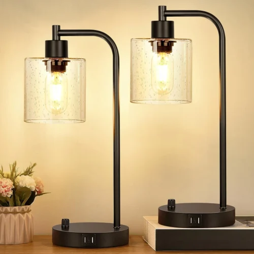 Set of 2 Industrial Table Lamps with 2 USB, Dimmable, Bulb Included