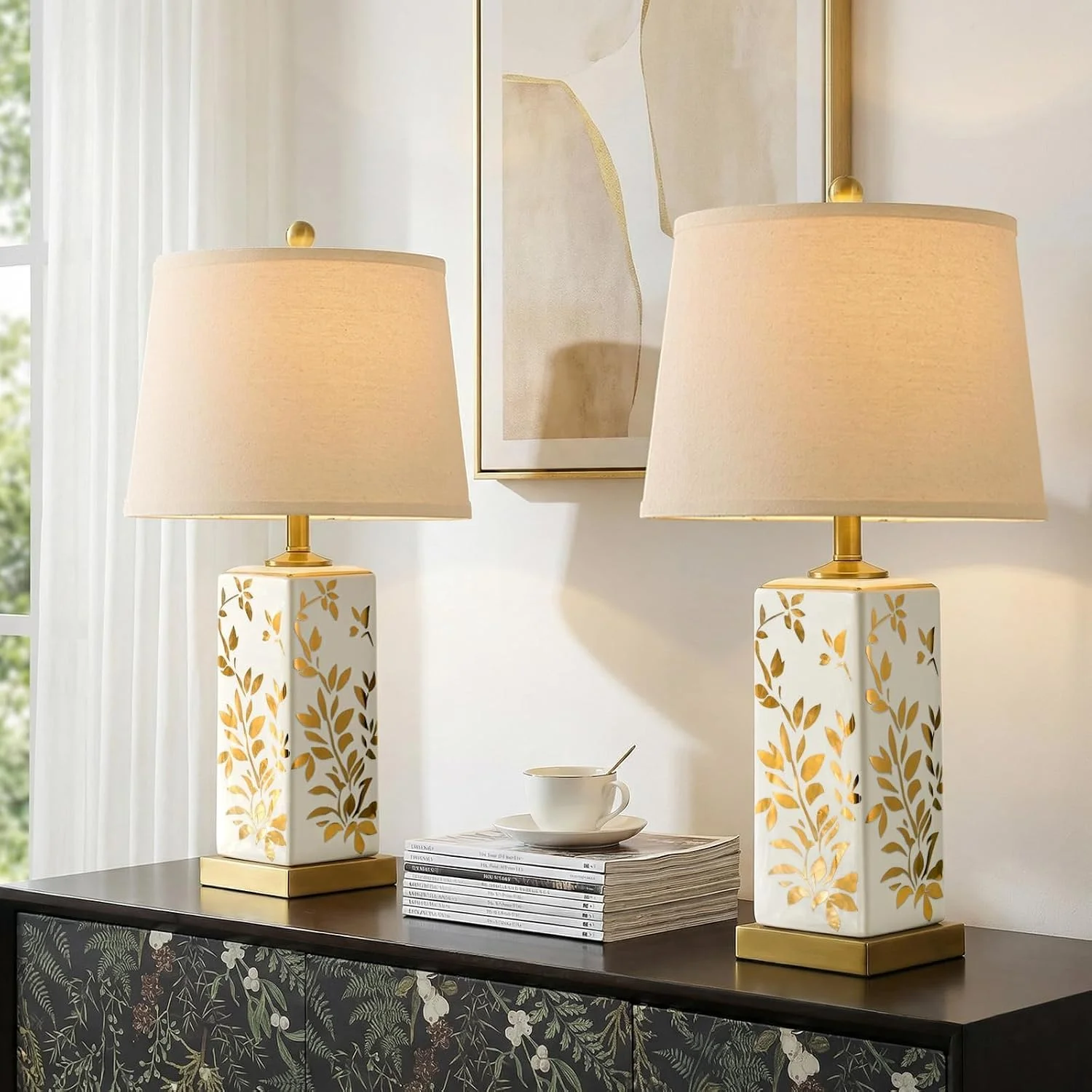20.5 Small Bedside Lamp Set of 2 with 5FT Cord, Green Ceramic Modern Farmhouse Table Lamps for Nightstand