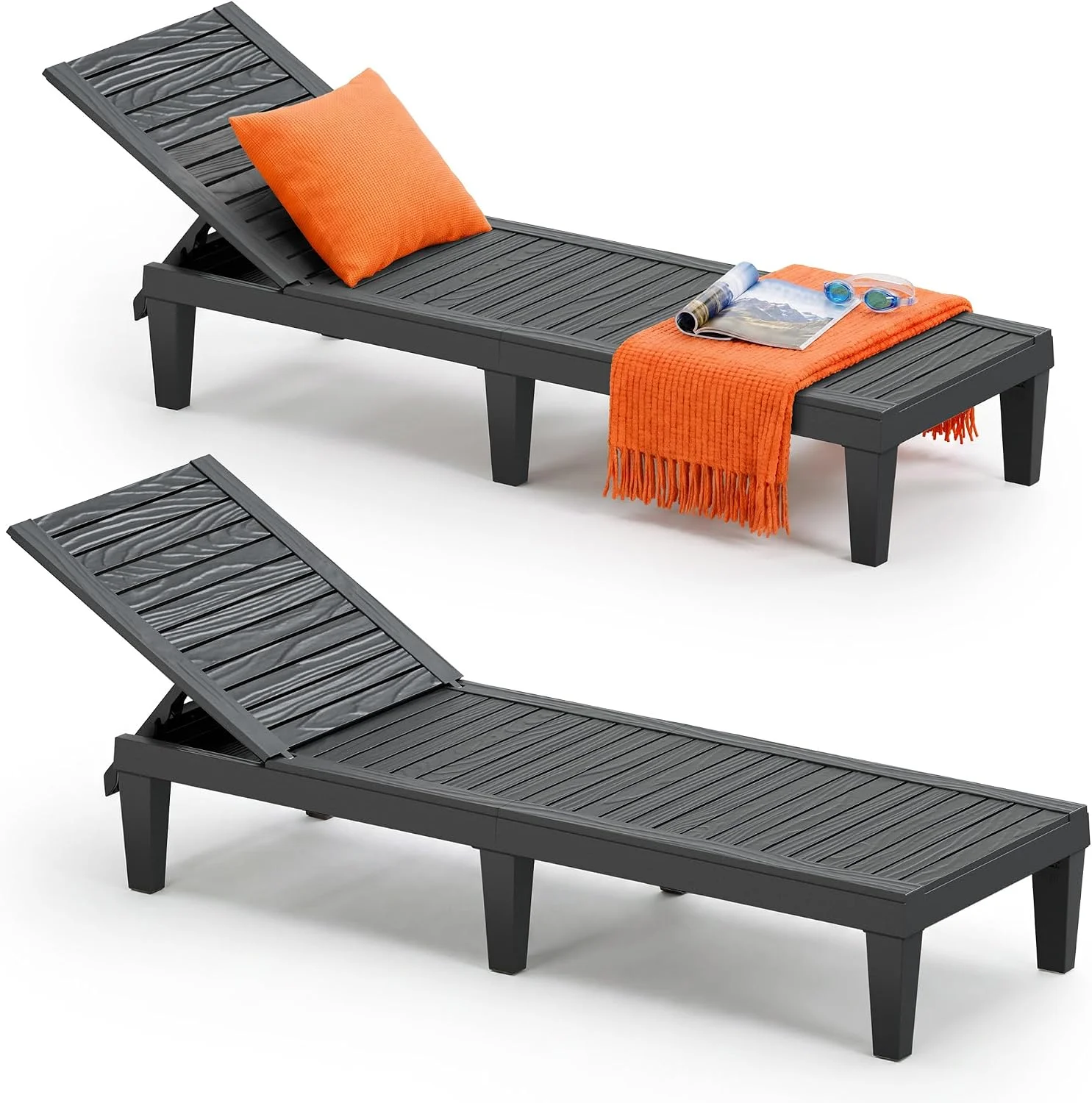 Outdoor Lounge Chairs Set of 2, 5-Position Adjustable Tanning Chairs with Wood Grain - Image 10