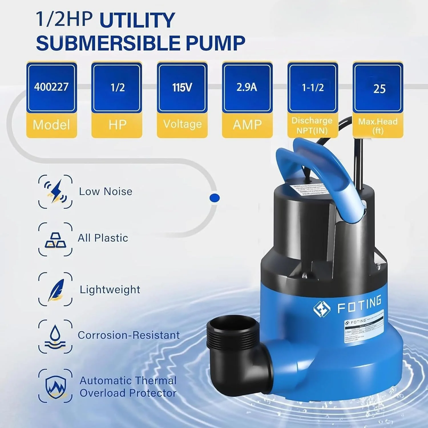 1/2HP Submersible Water Pump with Stainless Steel Base, Removes Water to 0.04 Depth, 2450GPH Portable Sump Pump - Image 5