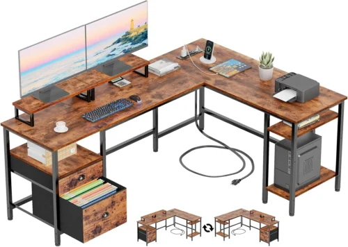 Alternative view of 66?? L Shaped Desk with Power Outlet, Reversible Home Office Desk with File Drawer, 2 Monitor Stands