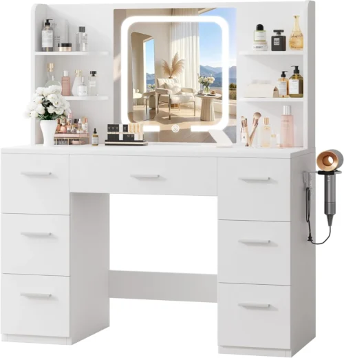 43 Large White Makeup Vanity Desk with Charging Station, Smart LED Mirror, 7 Drawers, 4 Shelves