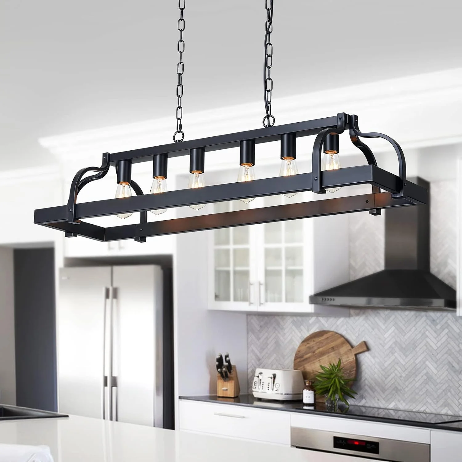 5-Light Metal Chandelier Imitation Wood Grain Linear Pendant Ceiling Lighting Rustic Farmhouse Fixture Kitchen - Image 4