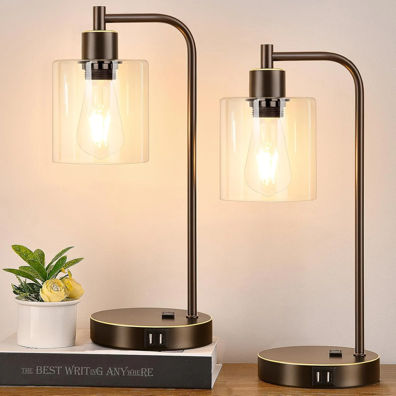 Industrial Touch Control Table Lamps with USB C+A Ports and AC Outlet, Dimmable, Bulb Included, 2-Piece Set - Image 3