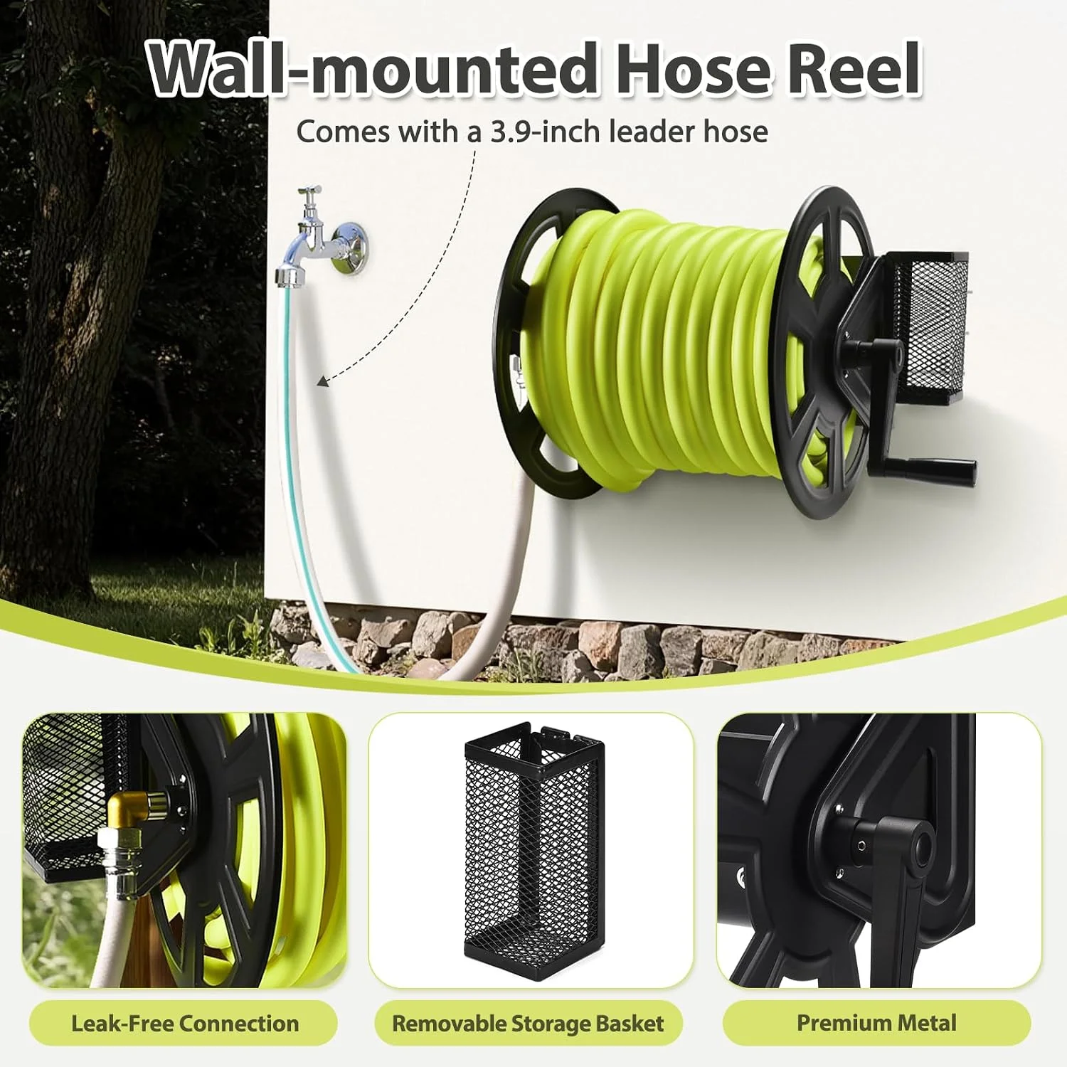 Garden Wall Mounted Hose Reel, Metal Hose Reel, Holds 125ft of 5/8-Inch Hose(Not equipped) - Image 4