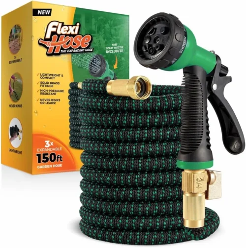 Hose with 8 Function Nozzle, 100FT, 3/4 Inch Solid Brass Fittings and Double Latex Core