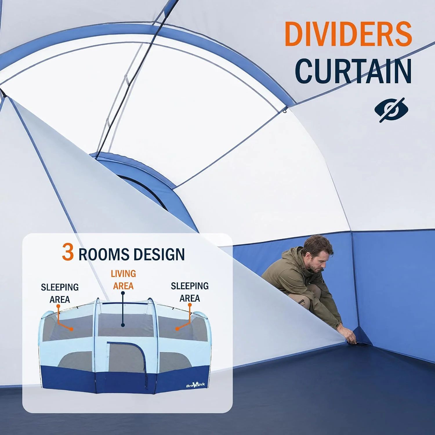 Camping Tent for 8 Person, PU3000MM Waterproof Family Tent with Rainfly, Large Roomy 3 Room Camping Tents with - Image 3