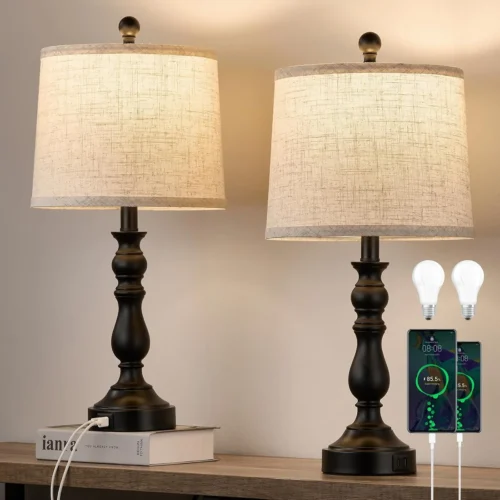 Alternative view of 23'' Farmhouse Table Lamps for Living Room Set of 2 with USB C+A Ports, 3-Color Temperature, Bulb Included