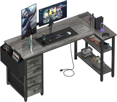 White L Shaped Computer Desk with Drawers & Storage Shelves, 47 Inch Corner Reversible Desk with Power Outlet