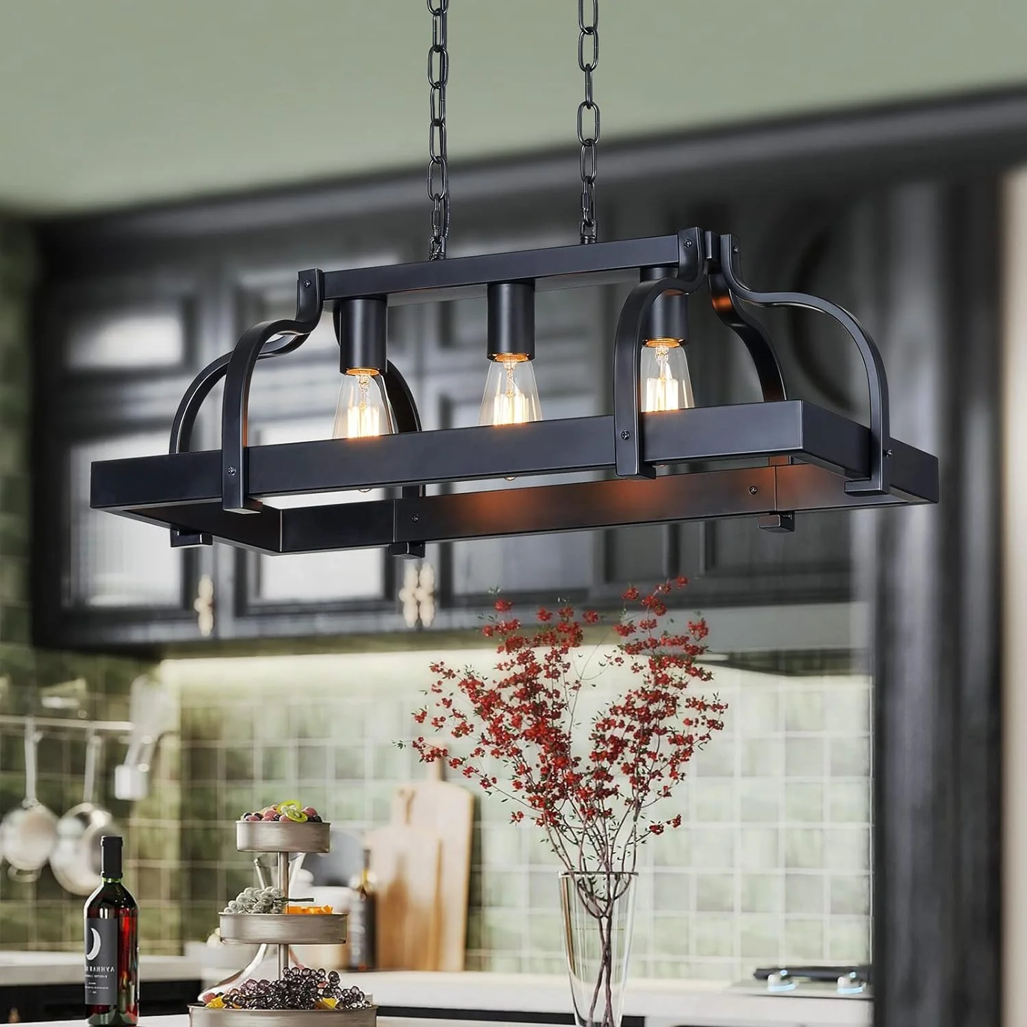 5-Light Metal Chandelier Imitation Wood Grain Linear Pendant Ceiling Lighting Rustic Farmhouse Fixture Kitchen - Image 6