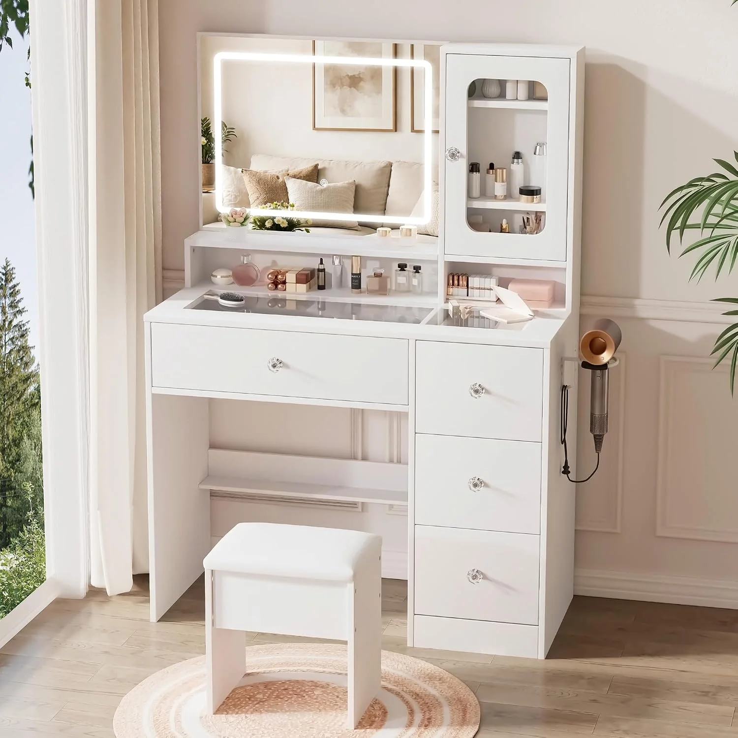 White Makeup Vanity Desk with Charging Station & 4 Drawers, Smart LED Mirror - Image 3