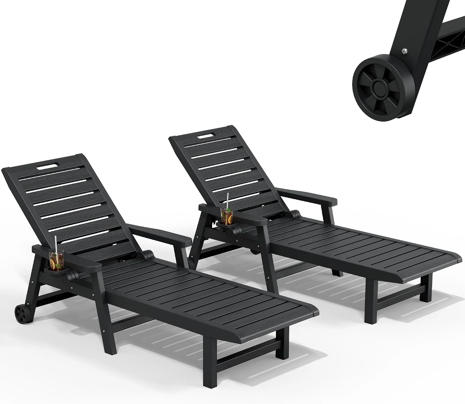 Outdoor Lounge Chairs Set of 2, 5-Position Adjustable Tanning Chairs with Wood Grain - Image 3